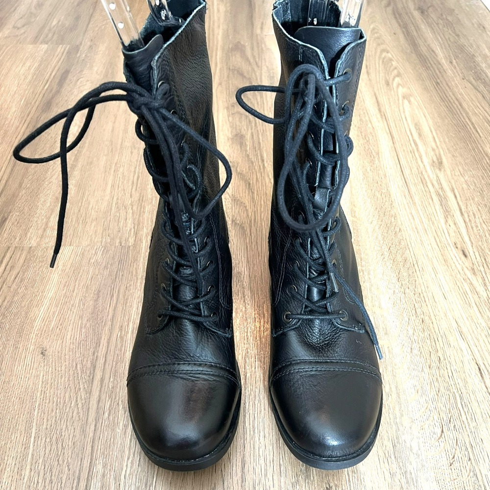 Aldo Black Leather Combat Boots Trooper Style Lace Up Back Zip Military US 11